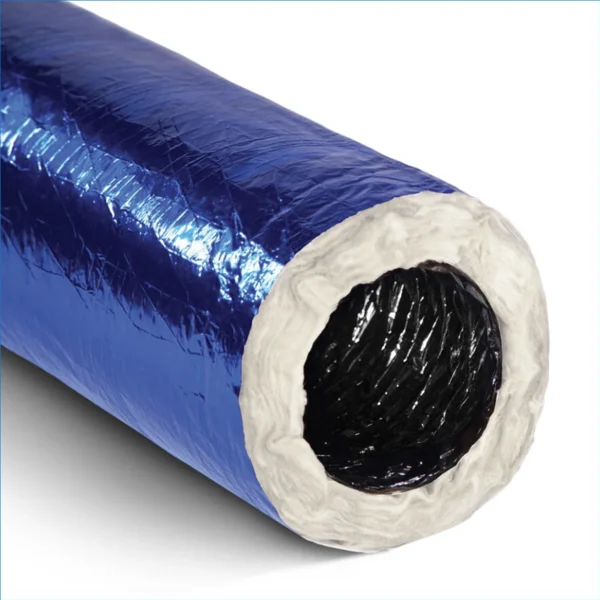 Insulated flexible duct with blue outer jacket and black inner lining
